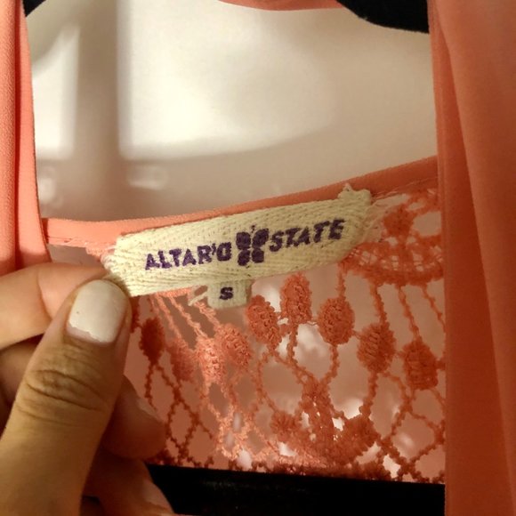 🍀Altar’d State Peach Crochet Long Sleeve Romper - Picture 3 of 9